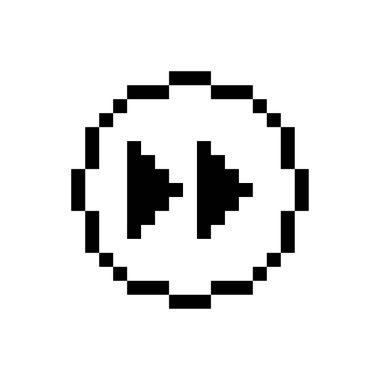 Black rewind button, pixel art design style.
