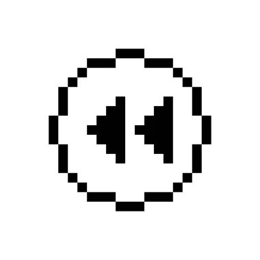 Black rewind button, pixel art design style.