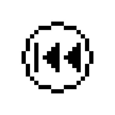 Black rewind button, pixel art design.