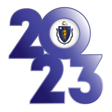 İçinde Massachusetts bayrağı olan 2023 afişi. Vektör illüstrasyonu.