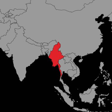 Dünya haritasında Myanmar bayrağı olan pin haritası. Vektör illüstrasyonu.