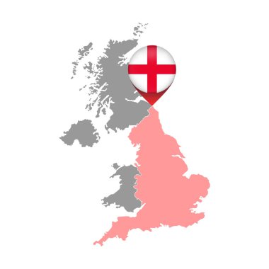 Pin map with England flag, UK region map. Vector illustration.