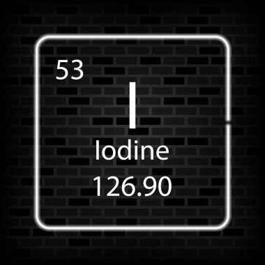 İyot neon sembolü. Periyodik tablonun kimyasal elementi. Vektör illüstrasyonu.