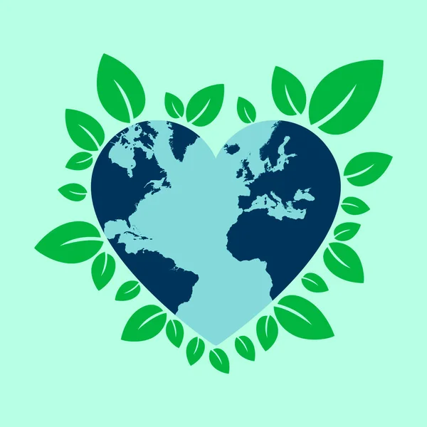 緑の葉と地球の心を持つ環境に優しいフラットアイコン — ストックベクタ