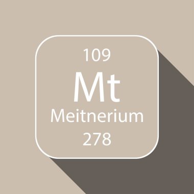 Meitnerium sembolü ve uzun gölge tasarımı. Periyodik tablonun kimyasal elementi. Vektör illüstrasyonu.