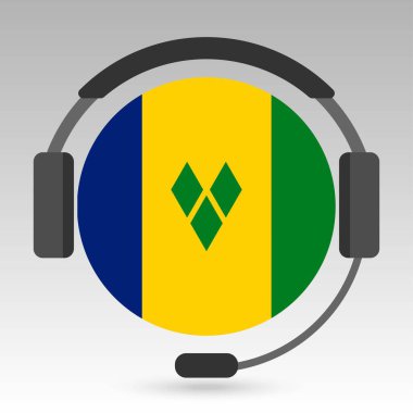 Vincent ve Grenadines bayrağı, kulaklıklı, destek işareti. Vektör illüstrasyonu.