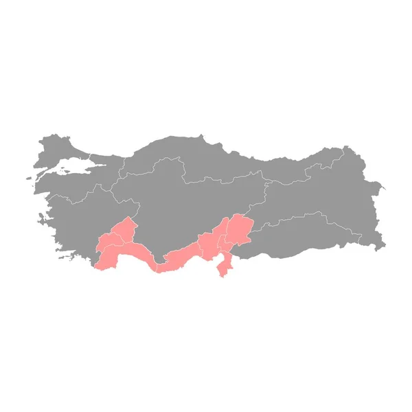 Mapa Región Mediterránea Divisiones Administrativas Turquía Ilustración Vectorial — Vector de stock
