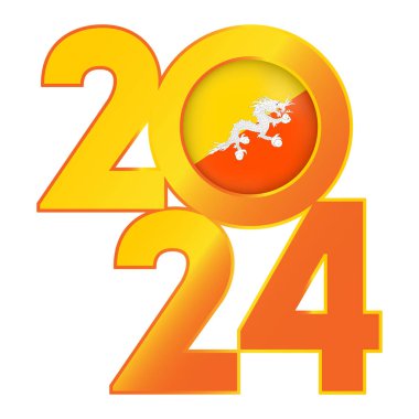 İçinde Butan bayrağı olan 2024 yılınız kutlu olsun. Vektör illüstrasyonu.