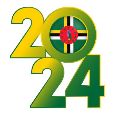 Mutlu yıllar 2024 afişleri içinde Dominica bayrağı olan. Vektör illüstrasyonu.