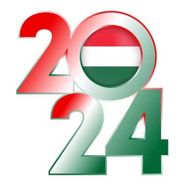 İçinde Macaristan bayrağı olan yeni yıl 2024 afişleriniz kutlu olsun. Vektör illüstrasyonu.