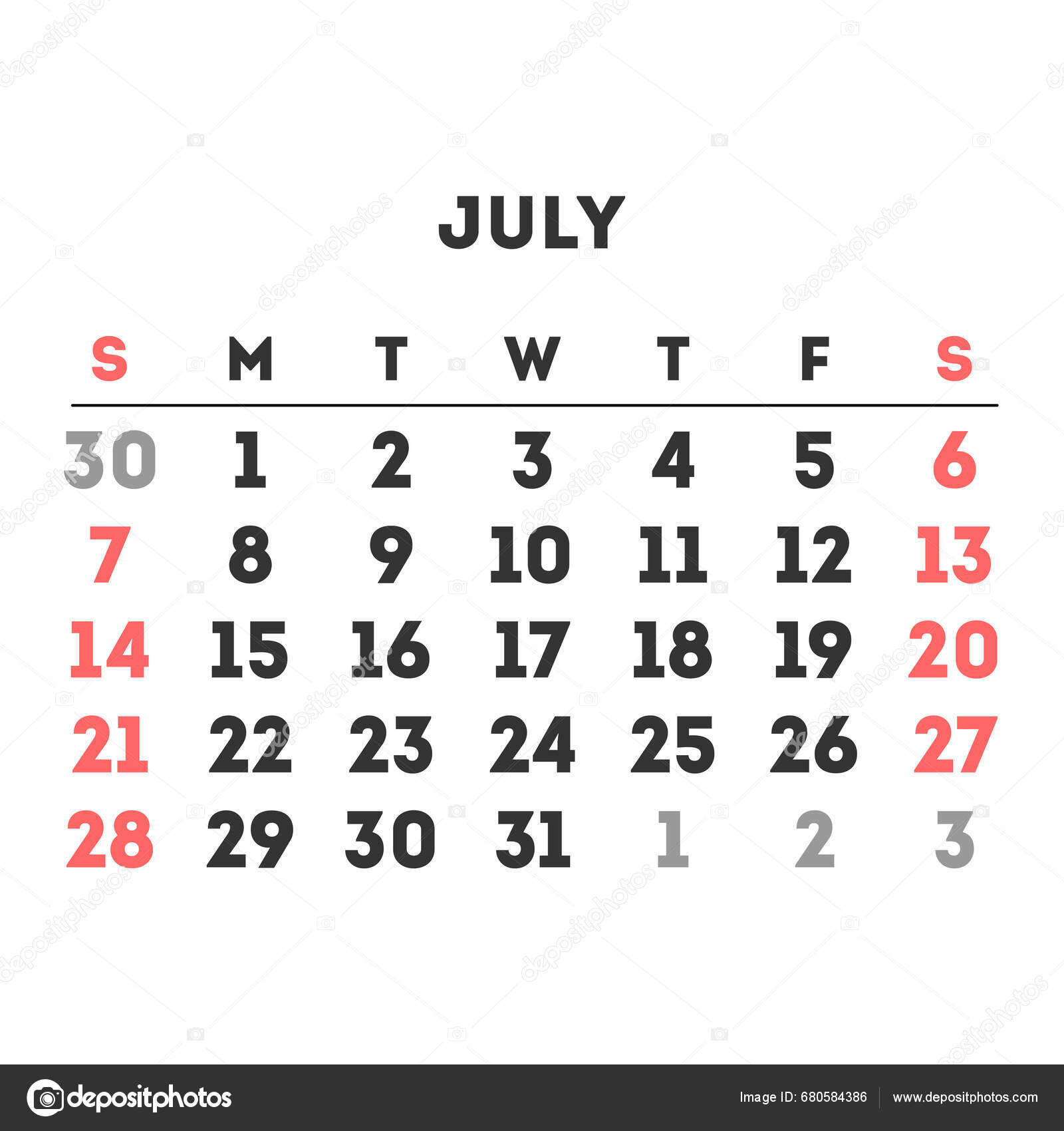 July 2024 Month Calendar Vector Illustration Stock Vector by