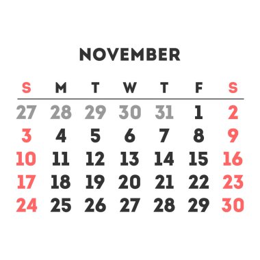 Kasım 2024 takvimi. Vektör illüstrasyonu.