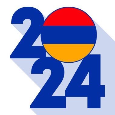 Mutlu yıllar 2024, içinde Ermenistan bayrağı olan uzun gölge bayrağı. Vektör illüstrasyonu.