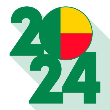 Mutlu yıllar 2024, içinde Benin bayrağı olan uzun gölge bayrağı. Vektör illüstrasyonu.