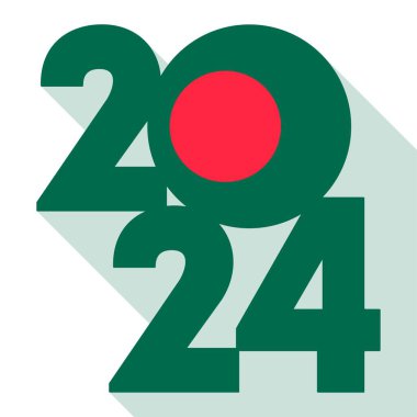 Mutlu yıllar 2024, içinde Bangladeş bayrağı olan uzun gölge bayrağı. Vektör illüstrasyonu.