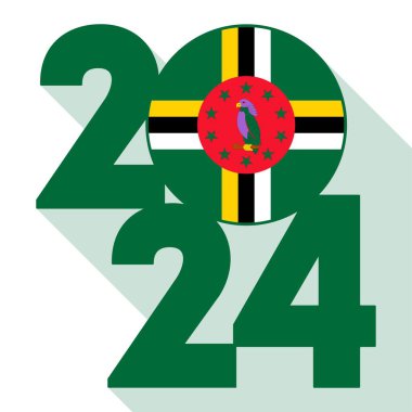 Mutlu yıllar 2024, içinde Dominica bayrağı olan uzun gölge bayrağı. Vektör illüstrasyonu.