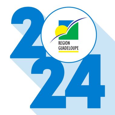Mutlu yıllar 2024, içinde Guadeloupe bayrağı olan uzun gölge bayrağı. Vektör illüstrasyonu.
