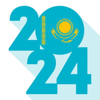 Mutlu yıllar 2024, içinde Kazakistan bayrağı olan uzun gölge bayrağı. Vektör illüstrasyonu.
