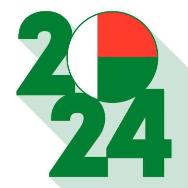 Mutlu yıllar 2024, Madagaskar bayrağı taşıyan uzun gölge bayrağı. Vektör illüstrasyonu.