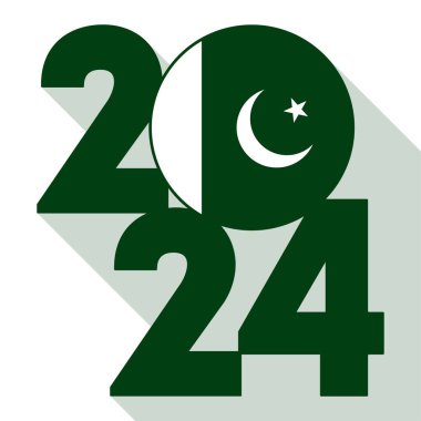 Mutlu yıllar 2024, içinde Pakistan bayrağı olan uzun gölge bayrağı. Vektör illüstrasyonu.