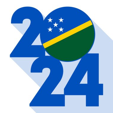 Mutlu yıllar 2024, içinde Solomon Adaları bayrağı olan uzun gölge bayrağı. Vektör illüstrasyonu.