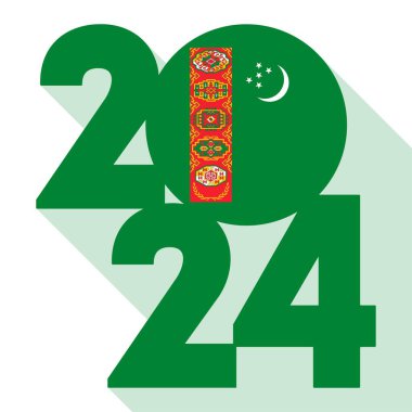 Mutlu yıllar 2024, içinde Türkmenistan bayrağı olan uzun gölge bayrağı. Vektör illüstrasyonu.