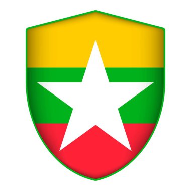 Myanmar bayrağı kalkan şeklinde. Vektör illüstrasyonu.