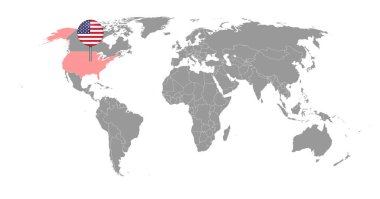 Dünya haritasında ABD bayraklı pin haritası. Vektör illüstrasyonu.