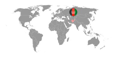 Dünya haritasında Afganistan bayrağıyla birlikte pin haritası. Vektör illüstrasyonu.