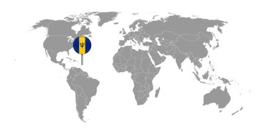 Dünya haritasında Barbados bayrağı olan pin haritası. Vektör illüstrasyonu.