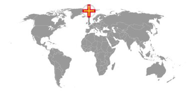 Dünya haritasında Guernsey bayrağı olan iğne haritası. Vektör illüstrasyonu.