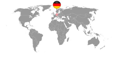 Dünya haritasında Almanya bayrağıyla birlikte pin haritası. Vektör illüstrasyonu.