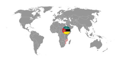 Dünya haritasında Mozambik bayrağı olan pin haritası. Vektör illüstrasyonu.