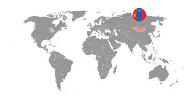 Dünya haritasında Moğolistan bayrağı olan iğne haritası. Vektör illüstrasyonu.