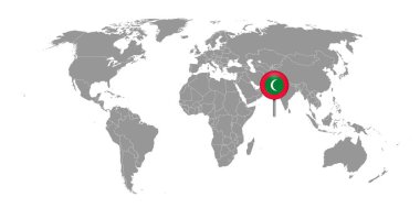 Dünya haritasında Maldivler bayrağı olan pin haritası. Vektör illüstrasyonu.