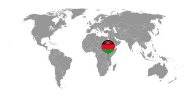 Dünya haritasında Malawi bayrağı olan pin haritası. Vektör illüstrasyonu.