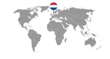 Dünya haritasında Hollanda bayrağı olan iğne haritası. Vektör illüstrasyonu.