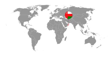 Dünya haritasında Umman bayrağı olan iğne haritası. Vektör illüstrasyonu.