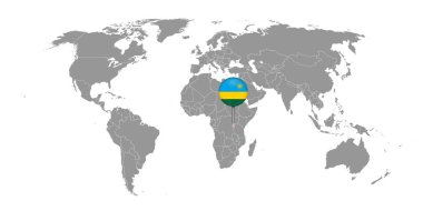 Dünya haritasında Ruanda bayrağı olan pin haritası. Vektör illüstrasyonu.