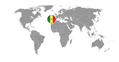 Dünya haritasında Senegal bayrağı olan pin haritası. Vektör illüstrasyonu.