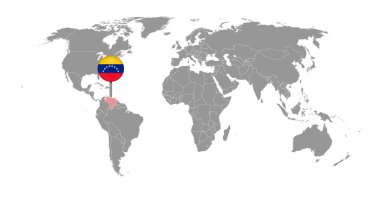 Dünya haritasında Venezuela bayrağı olan iğne haritası. Vektör illüstrasyonu.