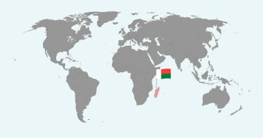 Dünya haritasında Madagaskar bayrağı olan pin haritası. Vektör illüstrasyonu.