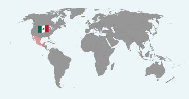 Dünya haritasında Meksika bayrağı olan iğne haritası. Vektör illüstrasyonu.