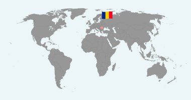 Dünya haritasında Romanya bayrağı olan bir pin haritası. Vektör illüstrasyonu.