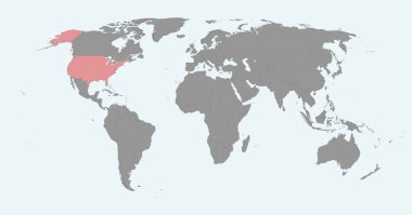 Dünya haritasında ABD bayrağı olan pin haritası. Vektör illüstrasyonu.