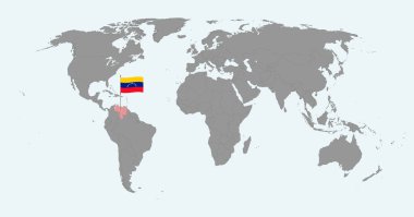 Dünya haritasında Venezuela bayrağı olan iğne haritası. Vektör illüstrasyonu.
