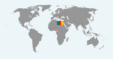 Dünya haritasında Kamerun bayrağı olan pin haritası. Vektör illüstrasyonu.