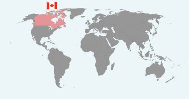 Dünya haritasında Kanada bayrağı olan pin haritası. Vektör illüstrasyonu.