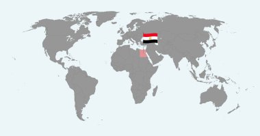 Dünya haritasında Mısır bayrağı olan pin haritası. Vektör illüstrasyonu.