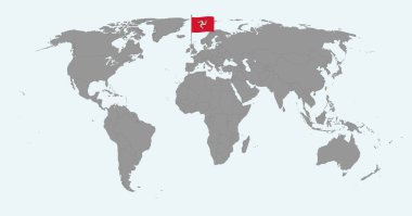 Dünya haritasında Man Adası bayraklı iğne haritası. Vektör illüstrasyonu.